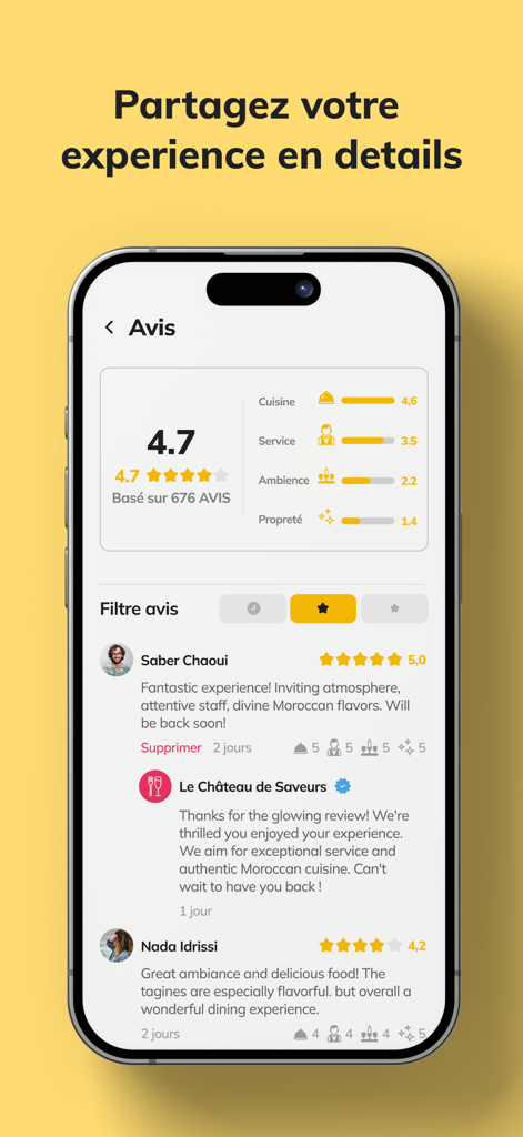 Interface of Pinjoy mobile app displaying detailed restaurant reviews and ratings.