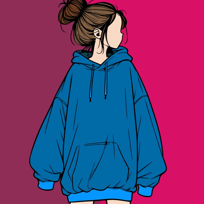 realistic girl with a oversized sweatshirt on and a bun