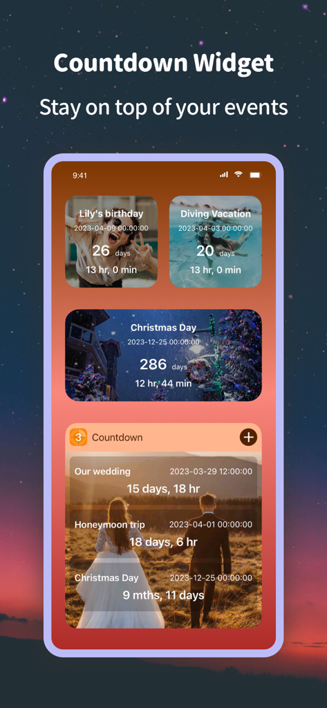 Countdown Calendar & Widget - Customized countdown widgets on iPhone showing birthday vacation and wedding events