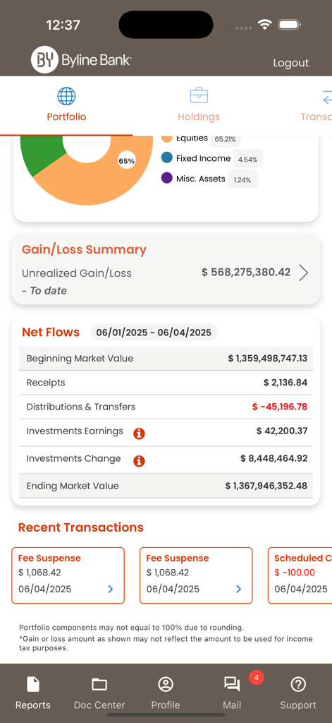 Byline Bank Wealth Mobile - Byline Bank Wealth Mobile app portfolio dashboard displaying asset allocation chart and net flows summary