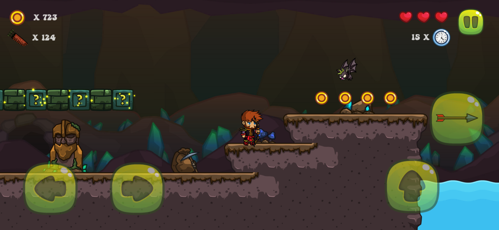 Archer's World - 2D side scrolling gameplay of Archer's World showing the character in a crystal cave level with coins and a bat enemy