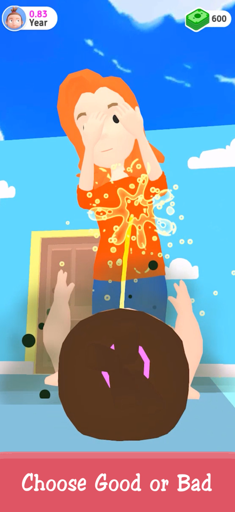 Uma cena humorística no Simulador de História de Vida mostrando um bebê espirrando água em uma mulher durante a fase de infância.