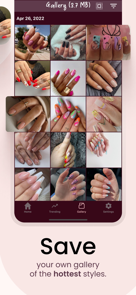 Styles4Nailz – Nail Designs - A mobile app interface showing a curated gallery of saved nail art designs and trending styles