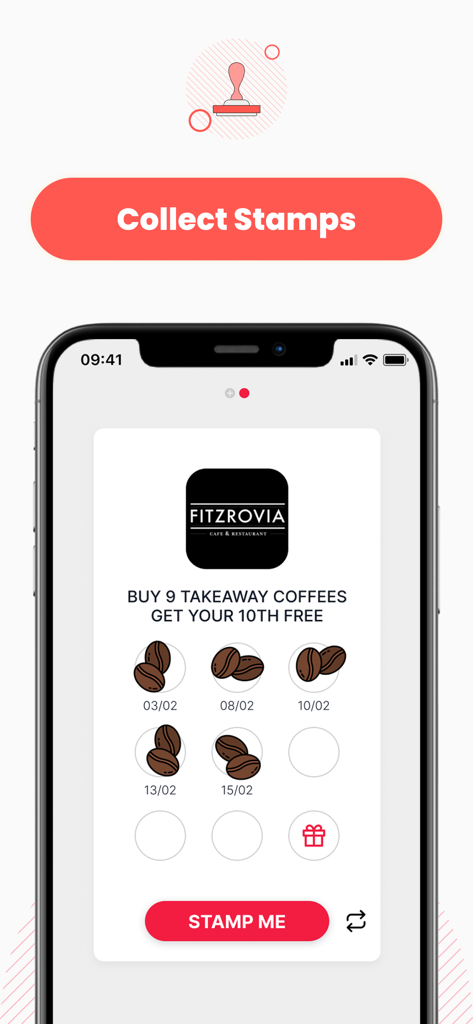 Stamp Me - Smartphone screen showing the Stamp Me app with a digital loyalty card for a local coffee shop reward program