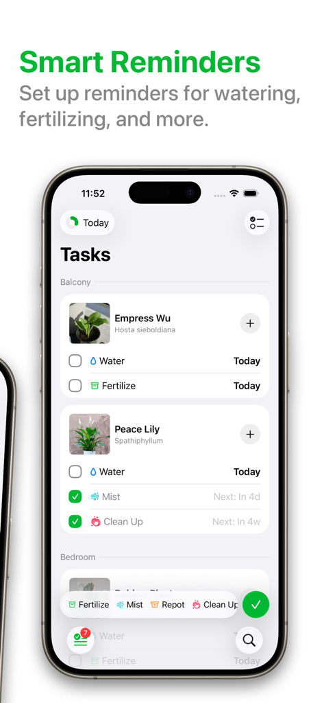 PlantPal: Plant Care - PlantPal app screen showing a task list with smart reminders for watering and fertilizing indoor plants