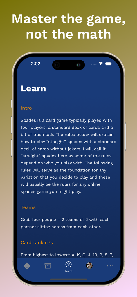 Bookbag: Spades Scorekeeper - Interface of Bookbag Spades Scorekeeper app showing the Learn section with rules for playing straight Spades