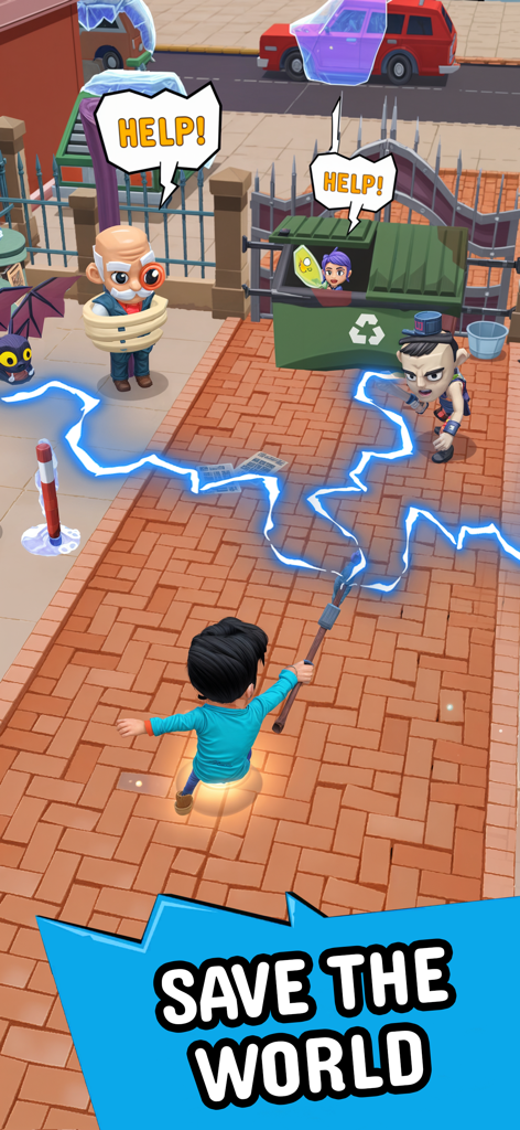 Wizario: Idle Survival - A wizard character casting blue lightning magic to rescue hostages and save the world in Wizario Idle Survival.