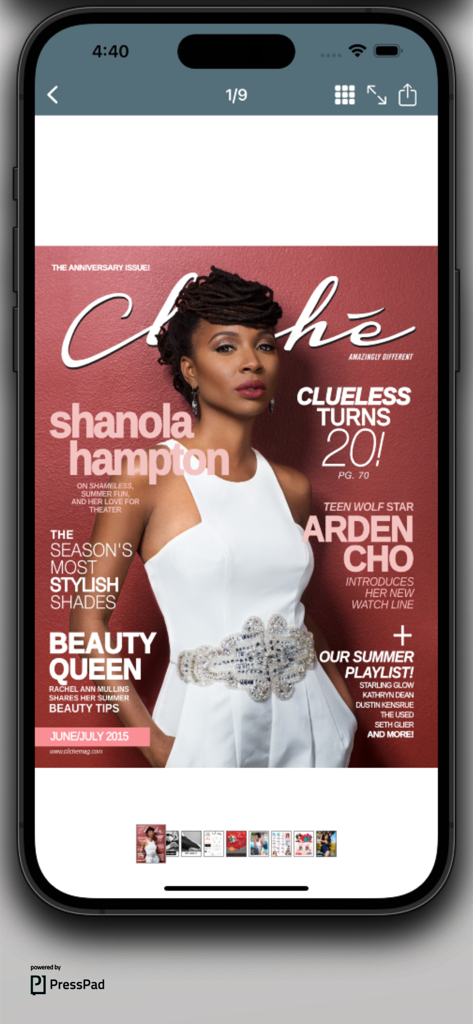Cliché Magazine app - Cliché Magazine digital fashion cover featuring Shanola Hampton on an iPhone screen