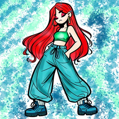 girl in baggy pants crop top and long hair