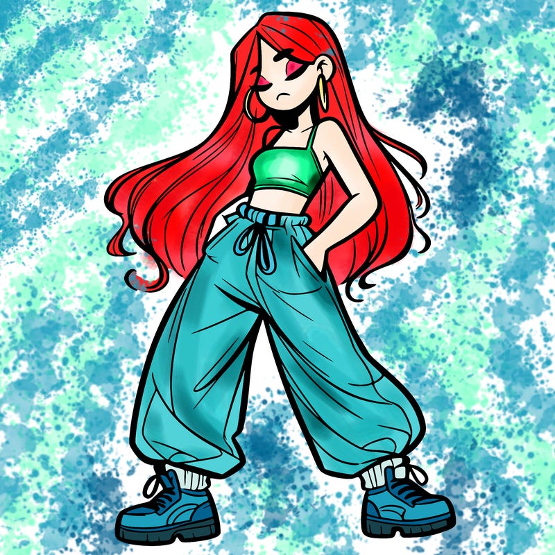 girl in baggy pants crop top and long hair
