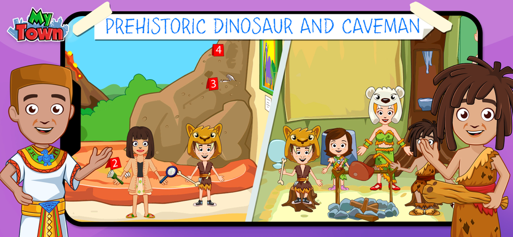 My Town : Museum History - マイタウン博物館の歴史アプリの先史時代の恐竜と原始人の展示を探検するキャラクター。