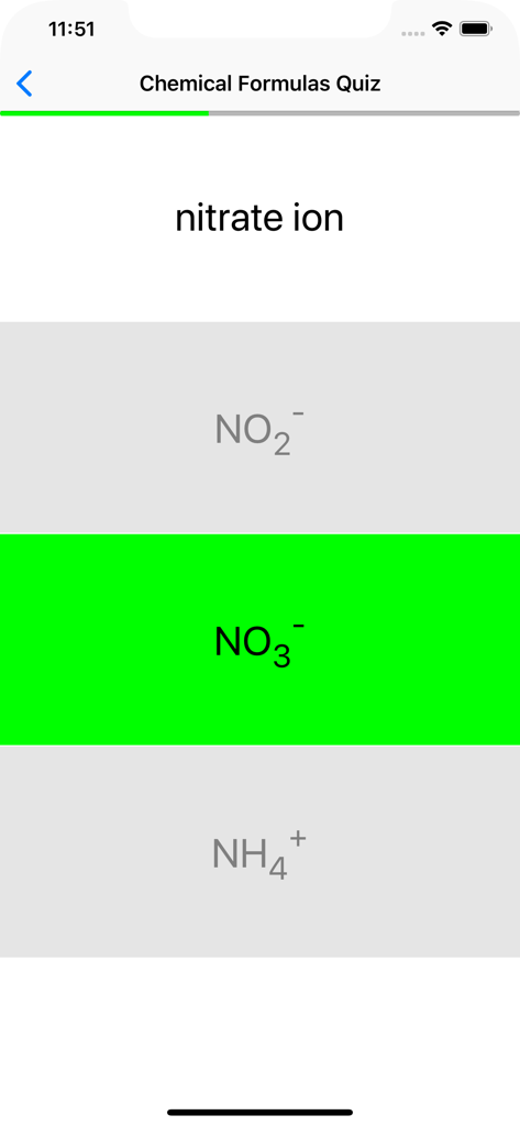 Chemistry quiz interface for nitrate ion formula with correct answer selected