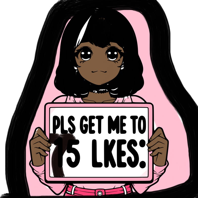 realistic girl holding up a sign that says “pls get me to 15 likes!”