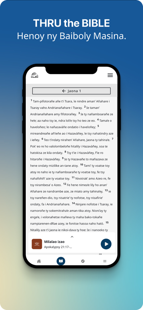 TTB Malagasy Fianarana Baiboly - Mobile interface of the TTB Malagasy Bible app displaying scripture text and an audio player.