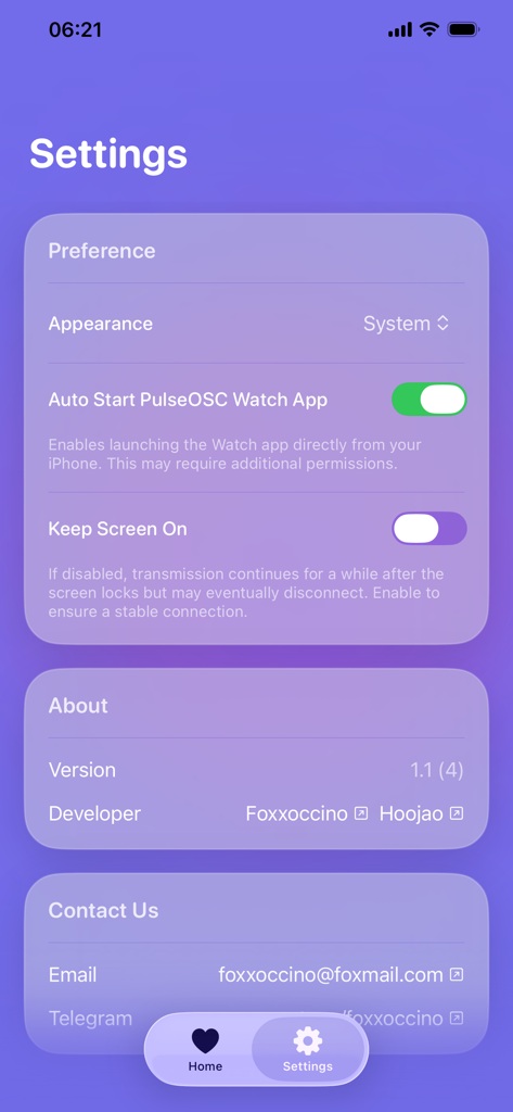 アプリ設定、開発者情報、連絡先詳細が表示されたPulseOSCアプリの設定画面