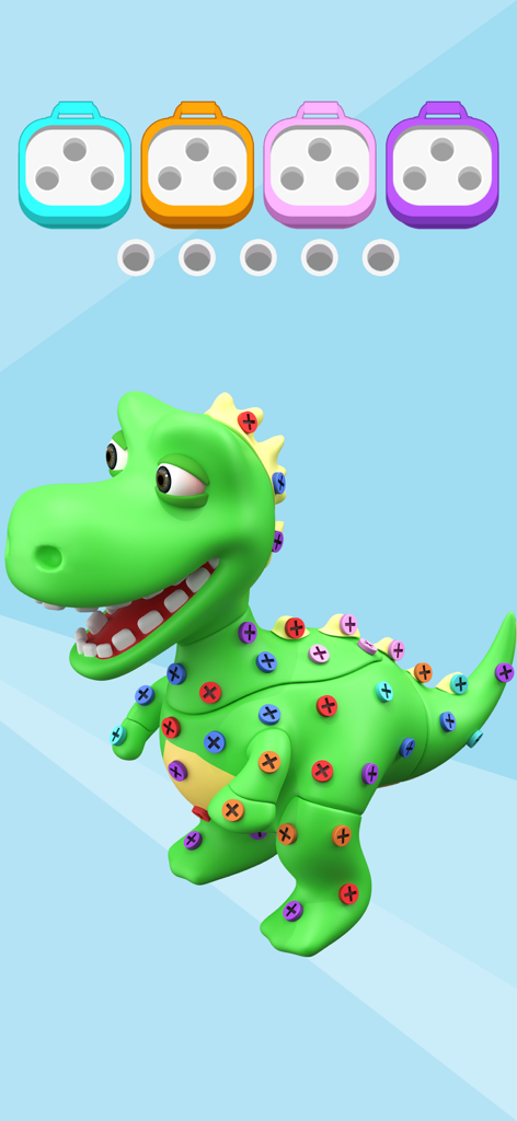 Green 3D dinosaur with colorful screws and sorting bins in a puzzle game