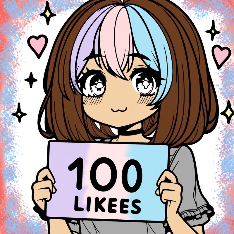 anima girl holding a 100 likes sign in her hand
