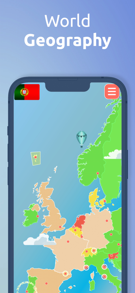 GeoExpert - Learn Geography - Mapa interactivo de Europa en la pantalla de un smartphone mostrando países y banderas en la aplicación GeoExpert