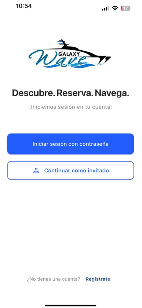 Galaxy Wave app login screen featuring the company logo and options to sign in or continue as a guest