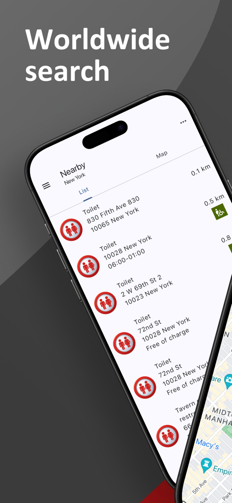 Smartphone screen showing a list of nearby public toilets in New York City