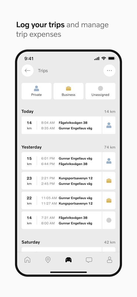 Volvo Cars - Volvo Cars app interface showing a list of private and business trips for expense management