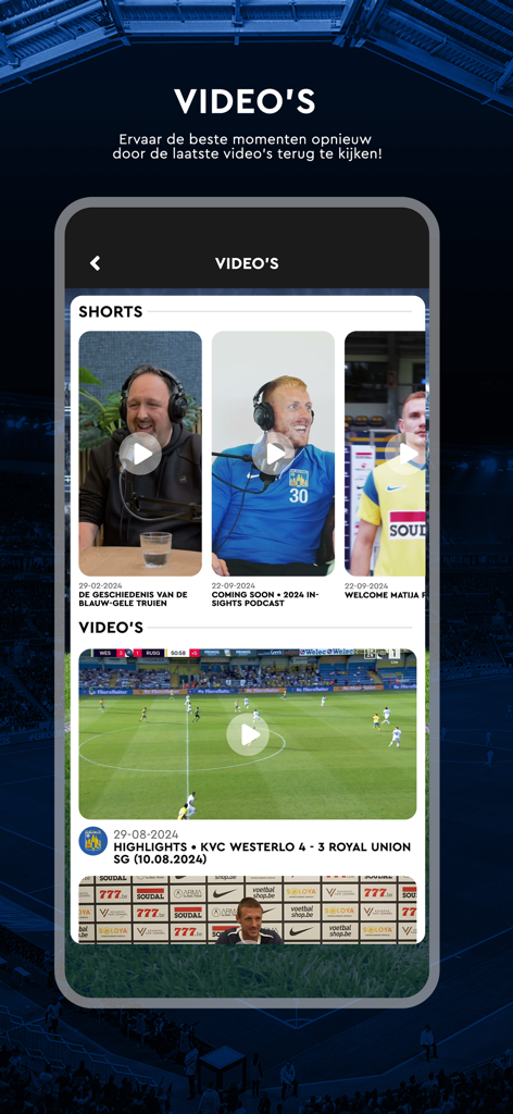 KVC Westerlo official app displaying video highlights and podcast shorts