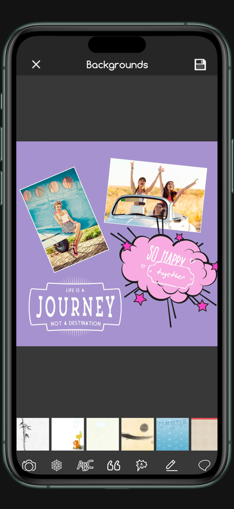 Interface of Font Candy app showing a purple photo collage with travel pictures and aesthetic typography quotes