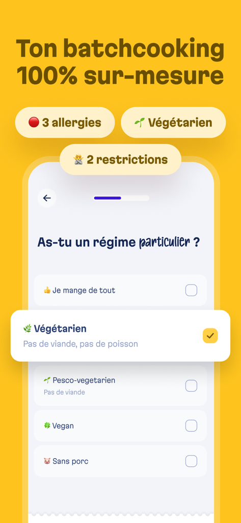Personalized dietary preference selection screen in the Basta Batchcooking app showing vegetarian and vegan options