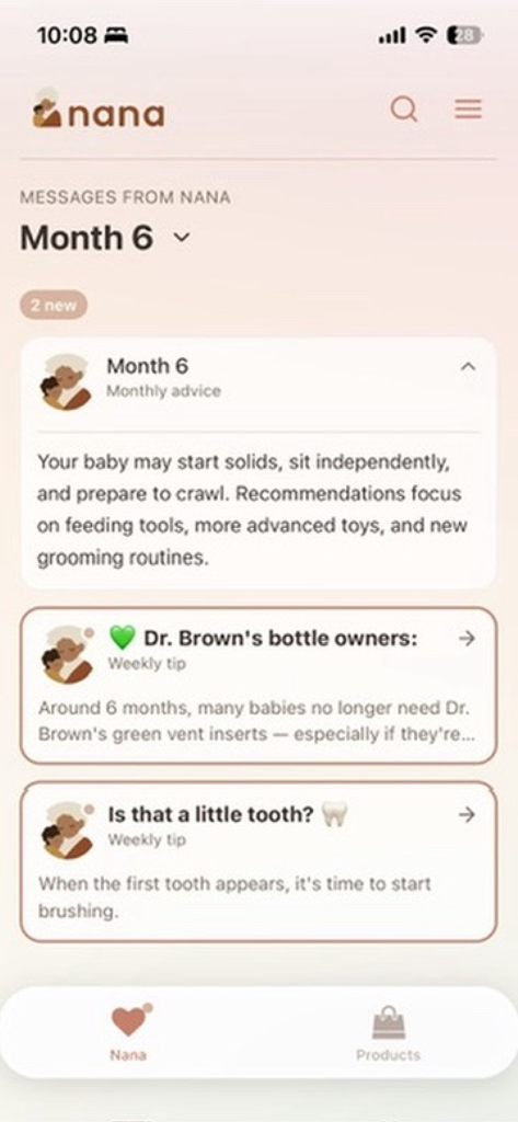 Interfaz de Nana Baby App que muestra consejos de crianza e hitos de desarrollo para un bebé de seis meses.