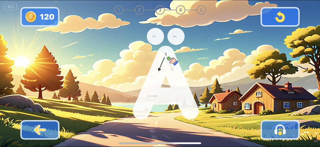 Swedish Letter Tracing - Interfaz de la aplicación Trazado de Letras Suecas que muestra una gran letra Ä con guías de trazado numeradas sobre un colorido paisaje de dibujos animados.