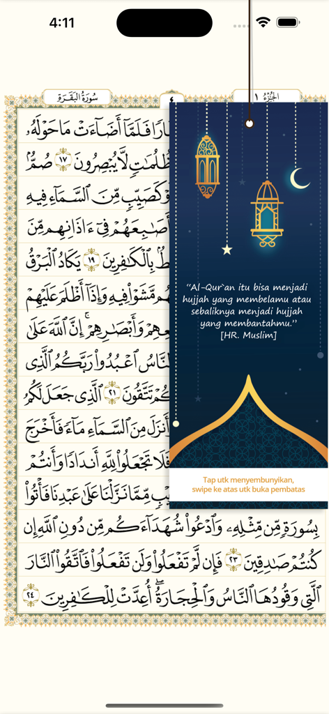 Quran Best Indonesia - Digital Quran page with a decorative bookmark overlay featuring an Islamic quote in Indonesian