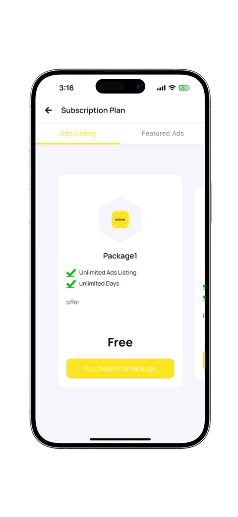 Bazaar - بازار - Bazaar app subscription plan screen displaying a free package for unlimited ad listings and days