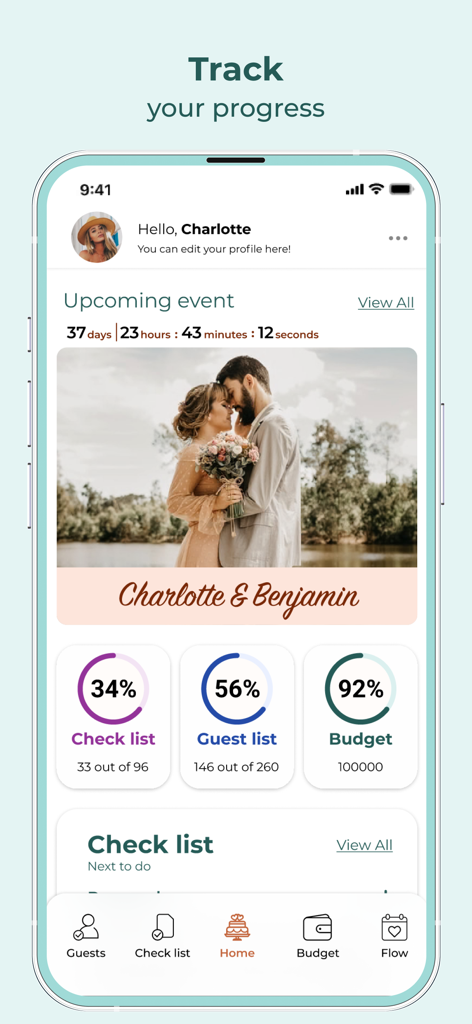 カウントダウンとチェックリスト、ゲストリスト、予算のパーセンテージチャートでウェディングプランニングの進捗状況を示すモバイルアプリダッシュボード画像
