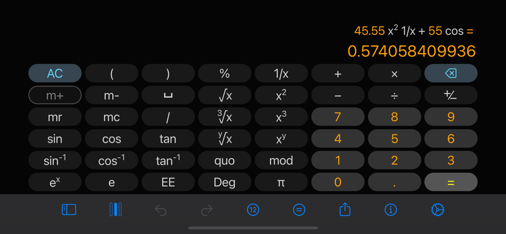 Scientific calculator interface in landscape mode showing complex math functions and a calculation result