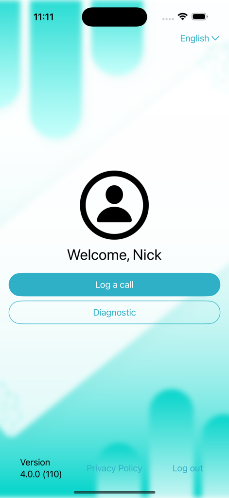ADVANCE®AI - Welcome screen of the ADVANCE AI app for pharmaceutical sales representatives featuring log a call and diagnostic buttons