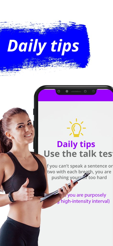 Home Workout-Fitness for Women - A woman gives a thumbs up next to a smartphone showing daily fitness tips for women
