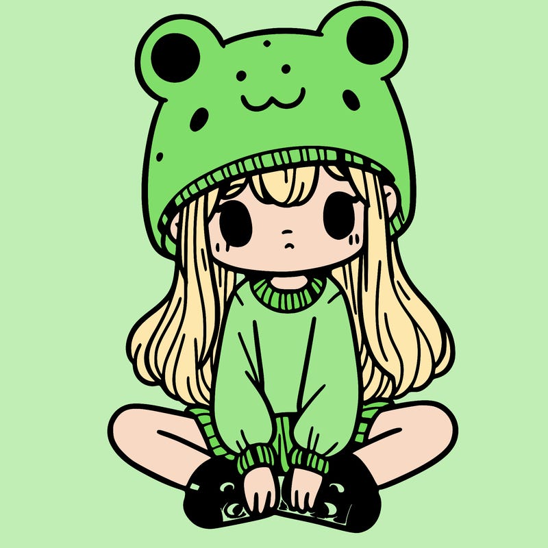 a girl wearing a frog hat and some frog socks