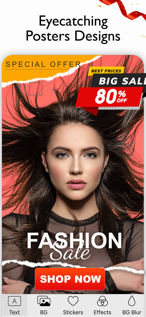 「今すぐ購入」ボタンが付いた、ファッションセールポスターのデザインを示すモバイルアプリのインターフェース。