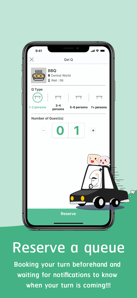 QueQ - No more Queue line - スマートフォン上のQueQアプリのインターフェース。レストランの順番待ちリストに場所を予約する方法が表示されています。