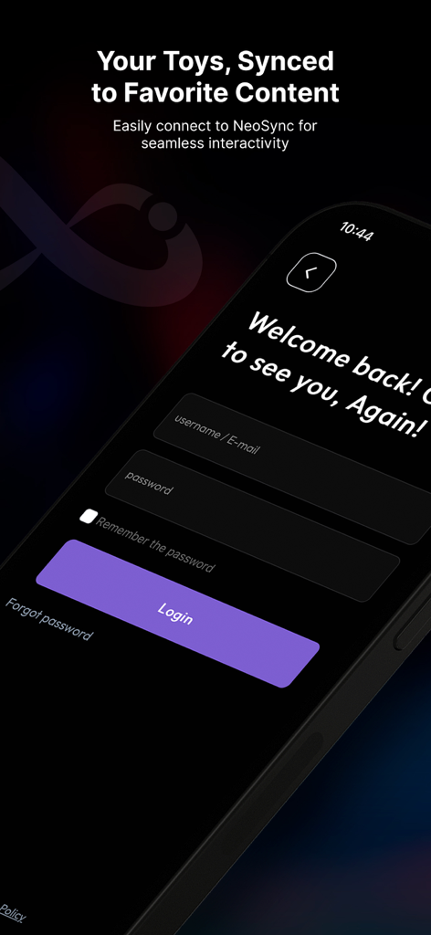 NeoSync Connect - NeoSync Connect app login screen with username and password fields on a dark user interface
