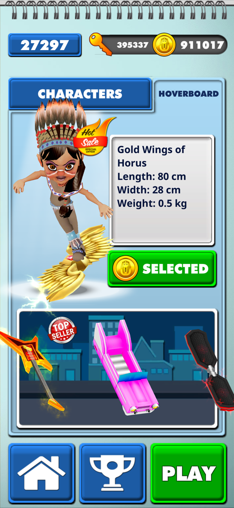 Charakterauswahlbildschirm in City Kids Running Game, der den Goldflügel des Horus-Hoverboards mit anderen Shop-Artikeln zeigt.