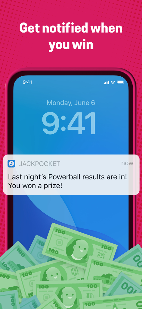 Smartphone lock screen displaying a Jackpocket app notification stating you won a lottery prize