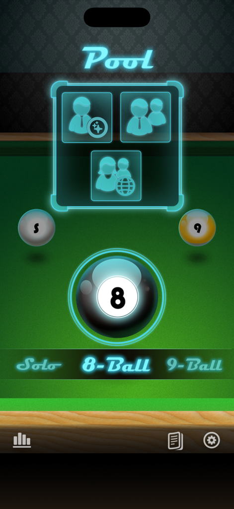 Pool - 8 Ball, 9 Ball & Solo - Main menu screen of the Pool app showing game mode selections for 8-ball, 9-ball, and solo play on a green billiards table