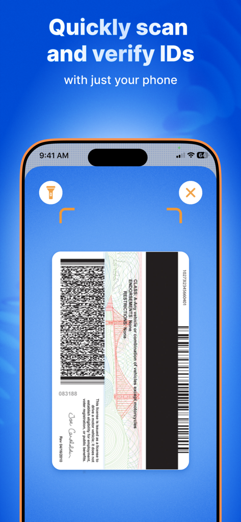 VeriScan app interface showing an iPhone scanning a driver's license barcode for quick age verification.