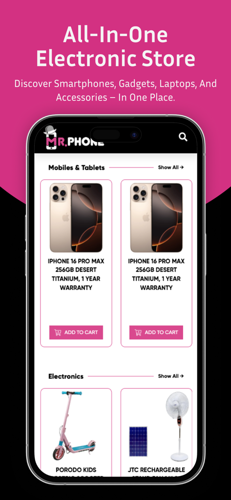 La interfaz de la aplicación Mr. Phone mostrando una variedad de productos electrónicos, incluidos iPhones.