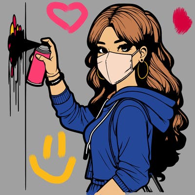 realistic girl with mask spray painting a wall