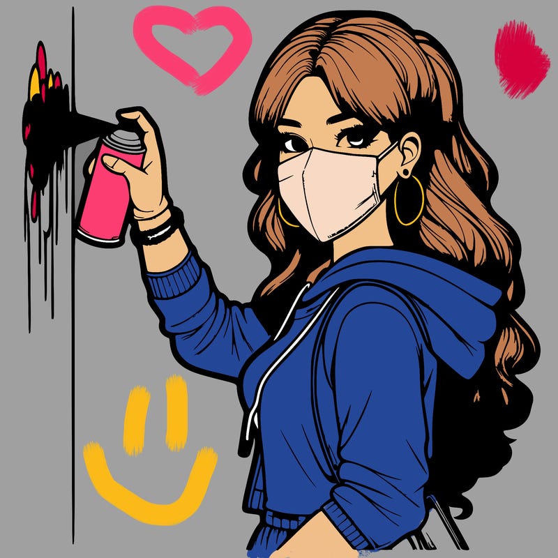 realistic girl with mask spray painting a wall