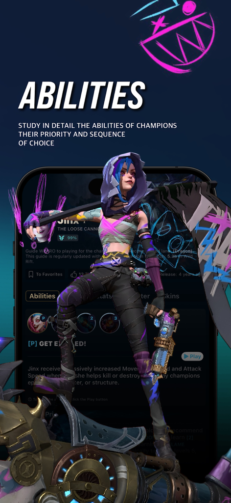 WRPRO - Interfaz de la aplicación WRPRO que muestra las habilidades del campeón Jinx y guía táctica para jugadores de Wild Rift