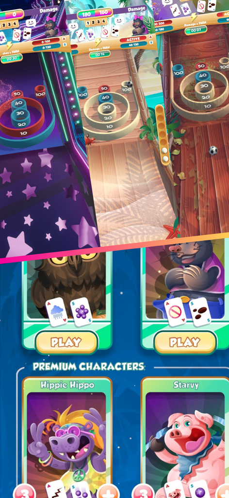 Screenshots of SkeeBoost arcade gameplay lanes and premium character selection