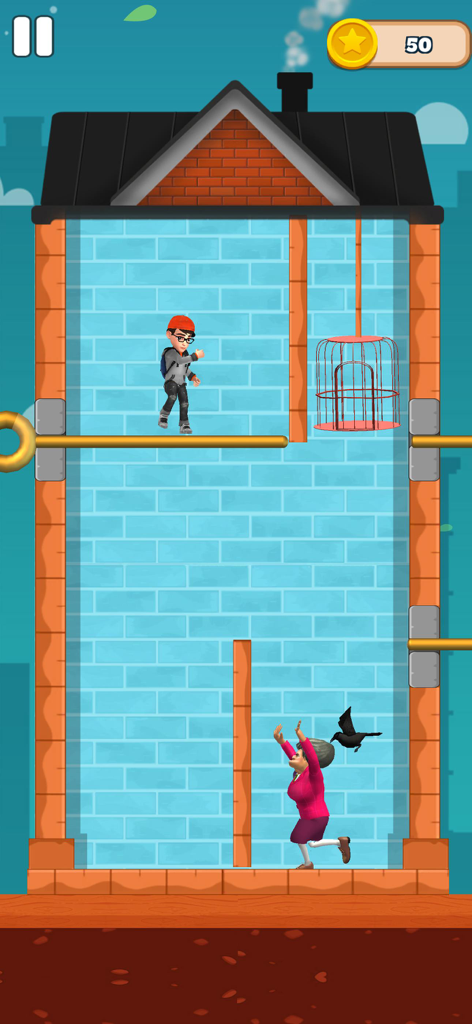 Pull The String Nick's Quest - Nick résolvant une énigme de tirage de goupille pour éviter la Méchante Enseignante et un oiseau